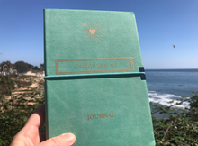 Load image into Gallery viewer, 'Enlighten Me...®' Turquoise/ Teal Vegan leather Journal Notebook (+ USB memory stick)